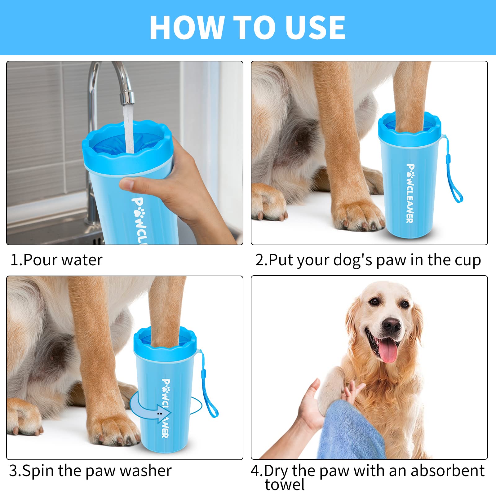 Comotech Dog Paw Cleaner With Bath Brush & Absorbent Towels - Adjustable Ring Handle For Long And Short-Haired Dogs (Large, Blue)