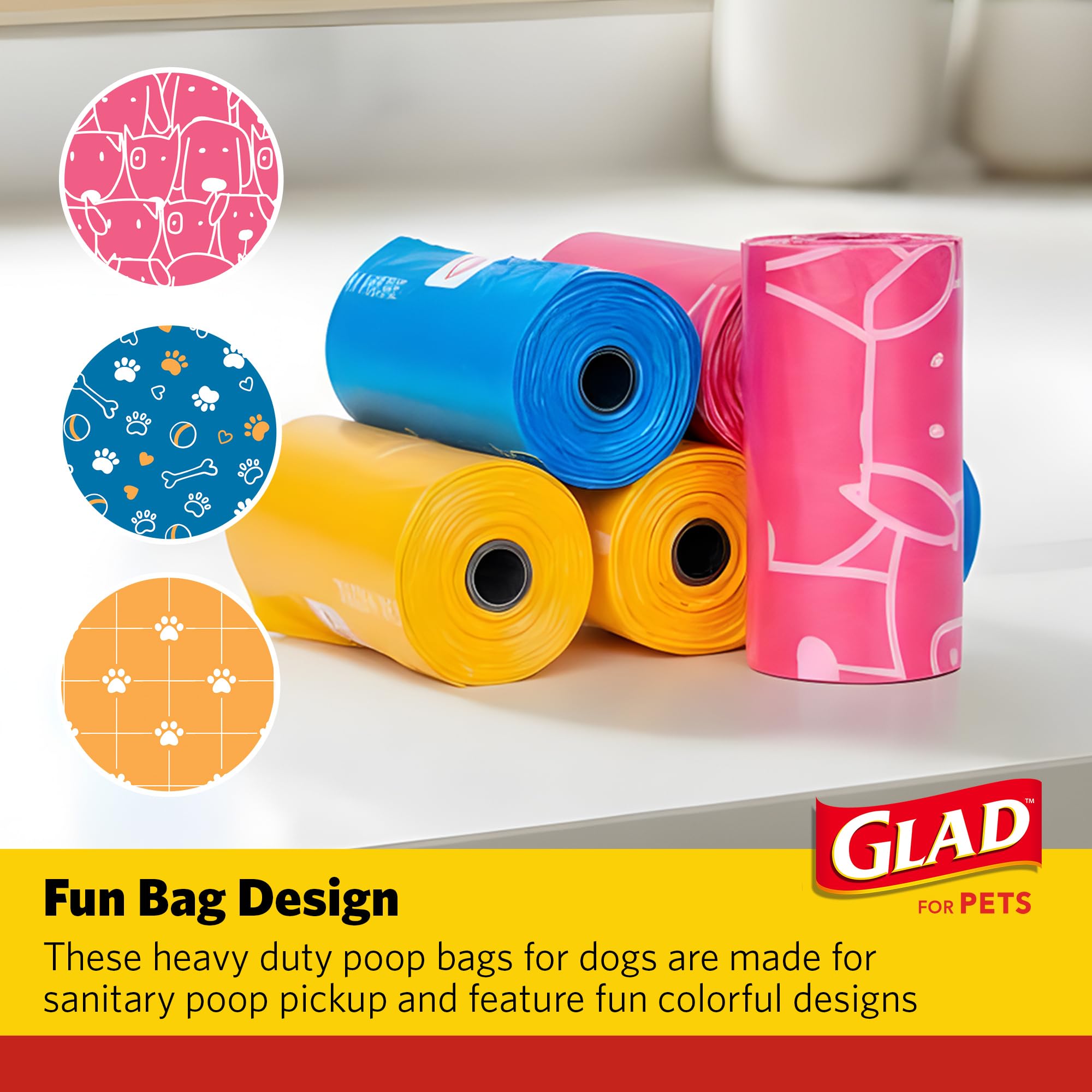 Glad for Pets Scented Waste Bags, Tear Resistant, 90 Count, Multicolor, Lemon Scent, Model FF37259