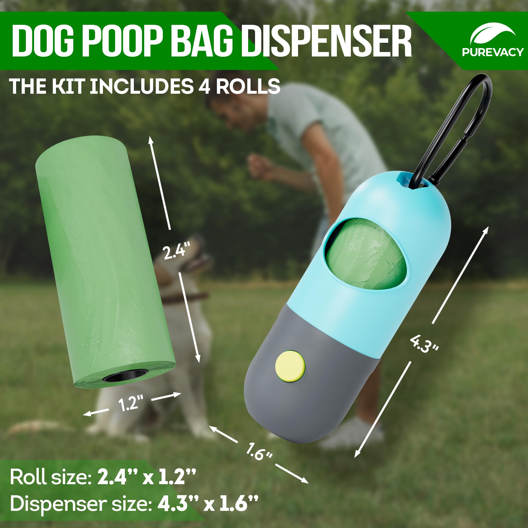 Purevacy Dog Poop Bag Dispenser With 4 Rolls Of 15 Bags In Each. 60 Bags Green Dog Poop Bag Holder With Flashlight For Leash. Dog Bag Dispenser With Carabiner Clip. Poop Bags Holder For Walking