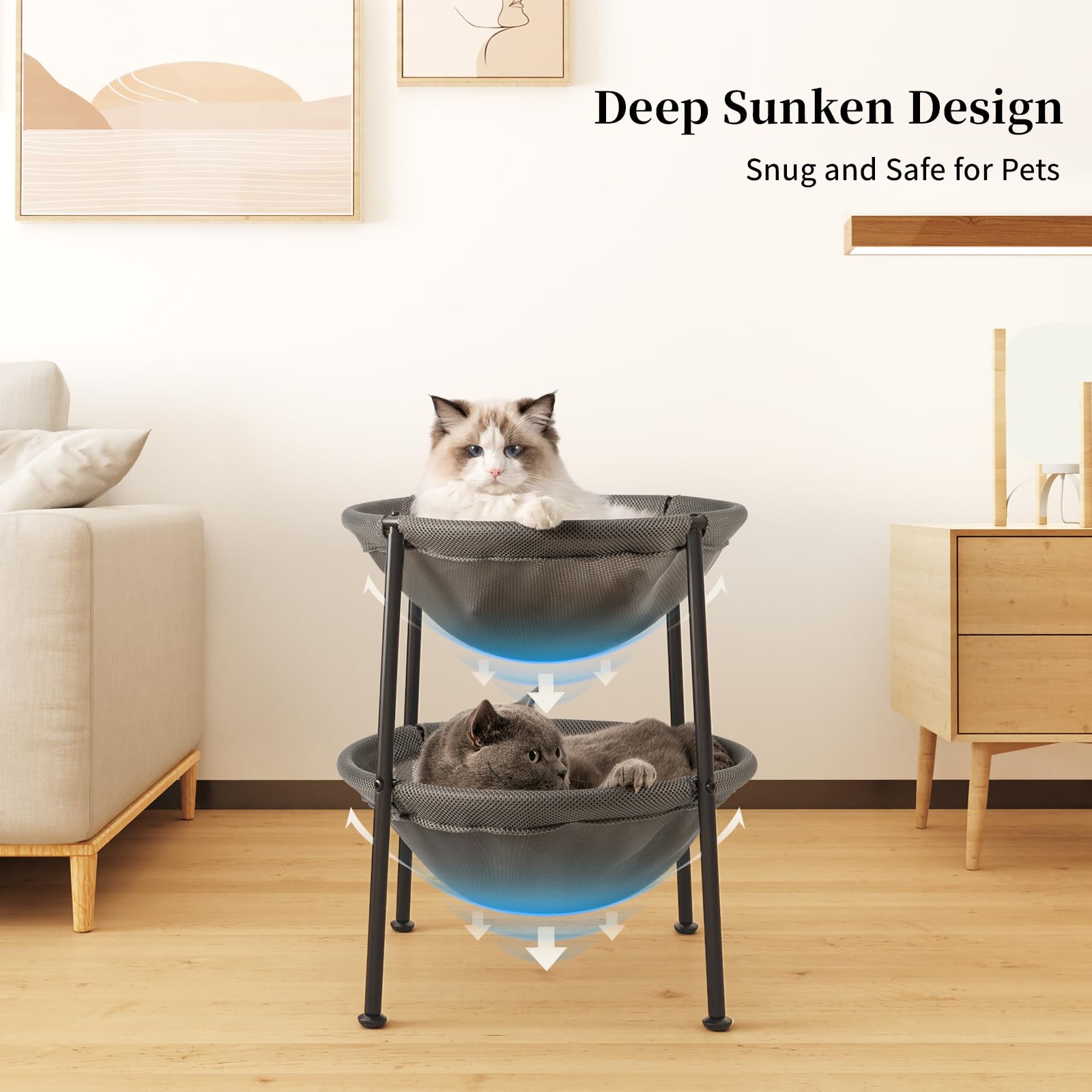 Junspow Double Cat Bed Grey, Breathable Kitty Bed For 2 Cats With 4 Adjustable Feet & Anti-Slip Mats, Easy Assembly Cat Hammock