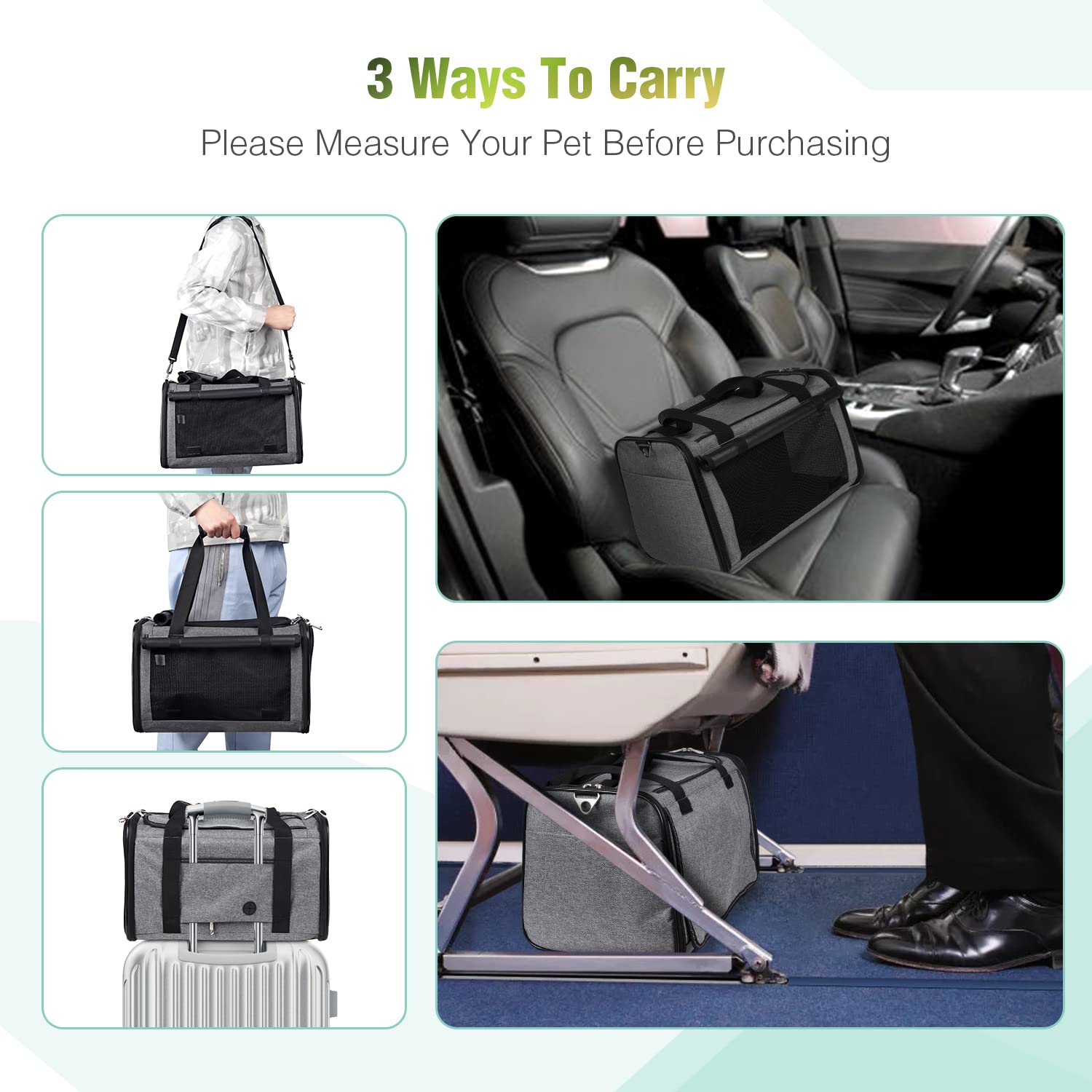 Yudodo 25 Lbs Lightproof Pet Carriers Airline Approved Dog Cat Travel Soft Sided Carrier Reflective Mesh Safe Pet Cat Carrier Foldable Portable Small Animal Rabbit Puppy Cat Carrier Grey Green