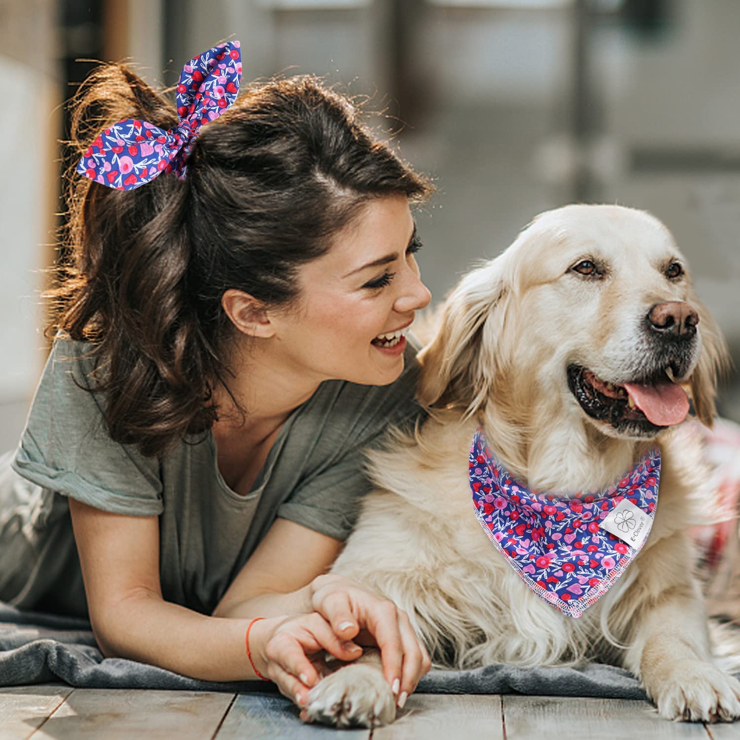 E-Clover Cute Girl Dog Bandanas & Matching Scrunchie Set Heart Dog Bandana Scarf With Bow Hair Ties For Medium Large Dogs Pet Ow
