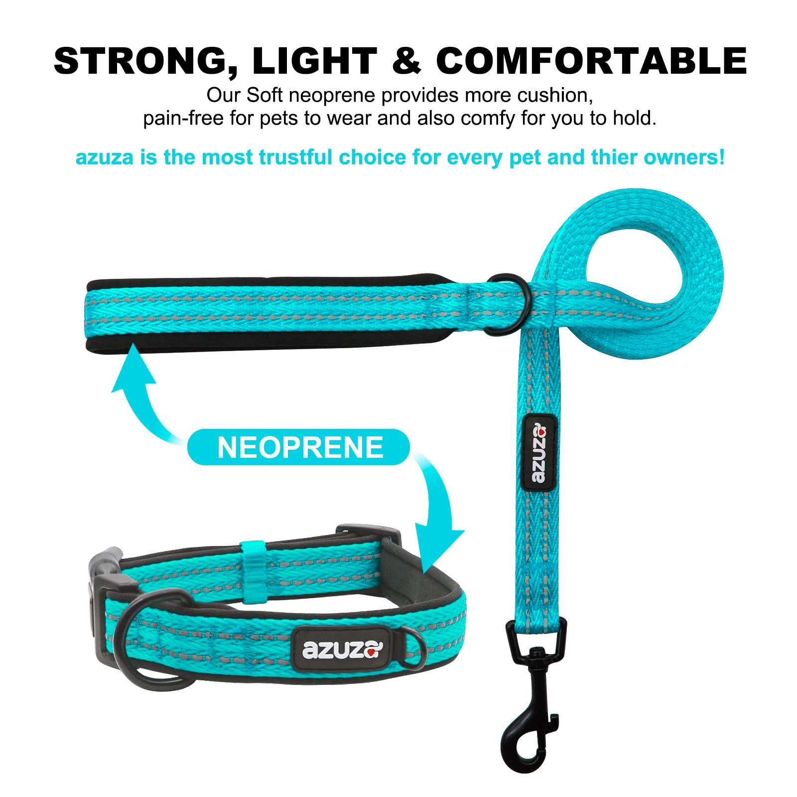 Azuza Reflective Padded Dog Leash And Collar Set Durable Extra Safe And Comfy For Small Medium Large Dogs