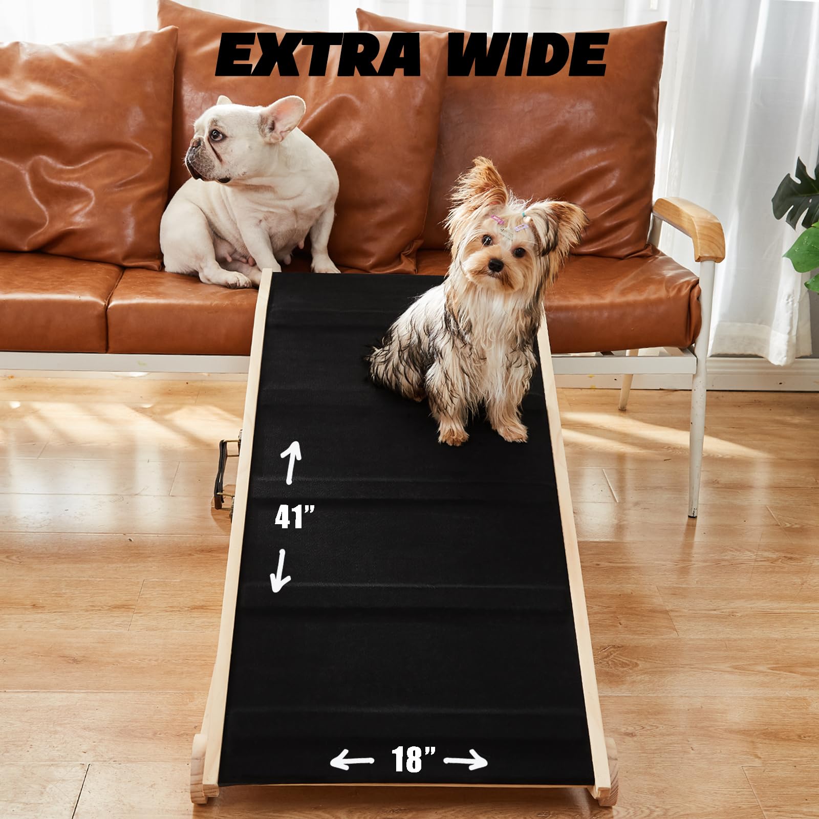 Woohoo Dog Ramp For Bed- 18'' Extra Wide - Non-Slip Rubber Surface - Folding Wooden Pet Ramp For Bed And Couch - Dog Ramp For La