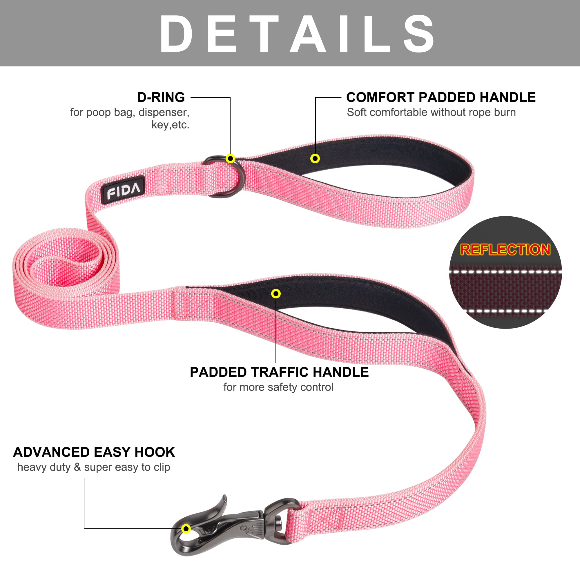 Fida 5 Ft Heavy Duty Dog Leash With 2 Comfortable Padded Handles, Traffic Handle & Advanced Easy Snap Hook, Reflective Walking Lead For Large, Medium & Small Breed Dogs, Pink