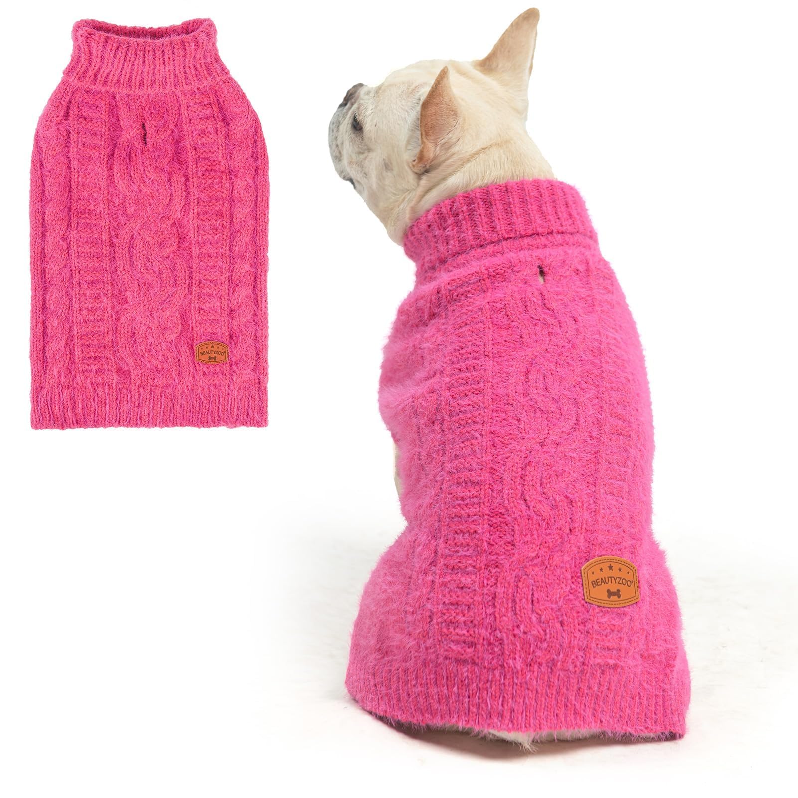Beautyzoo Small Dog Sweater -Turtleneck Knitted Dog Sweaters For Dogs Puppy Girls Boys, Winter Dog Clothes Cable Knitwear With L