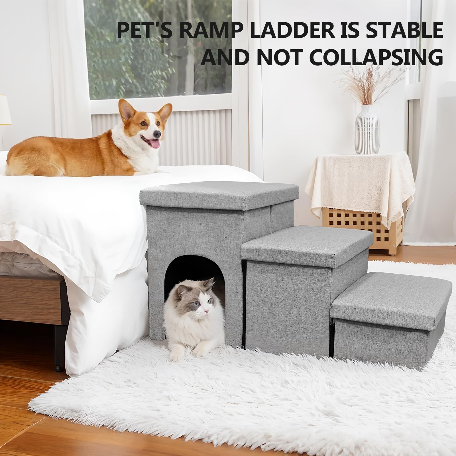 Dog Stairs For High Bed 18'' H,Foldable Pet Stairs For Small Medium Or Large Dogs Puppy With Storage For Bed Or Couch, 3-Step Ca