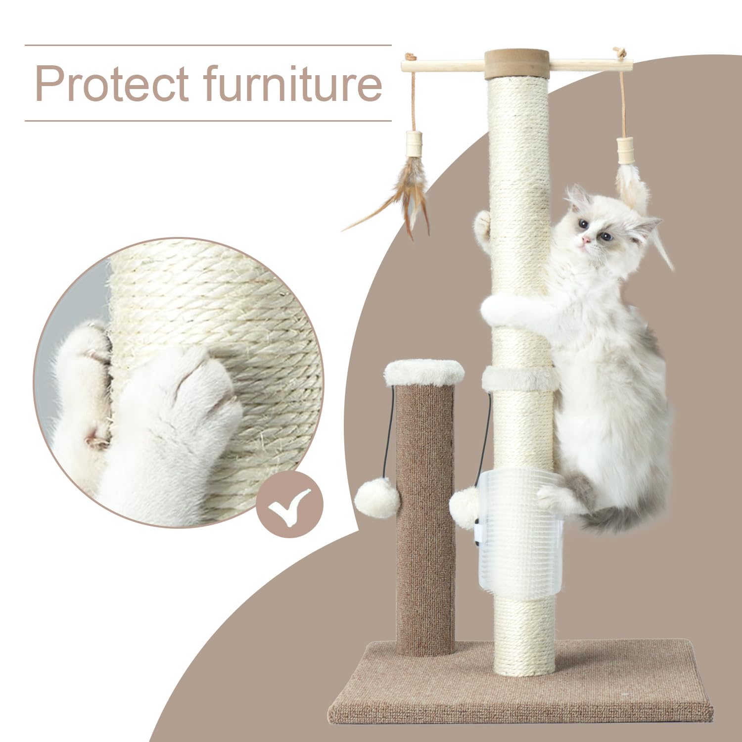 Pawsfans Cat Scratching Post 30 Inches Tall Sisal Carpet Vertical Scratch Posts For Indoor Cats And Kittens,With Hanging Ball An