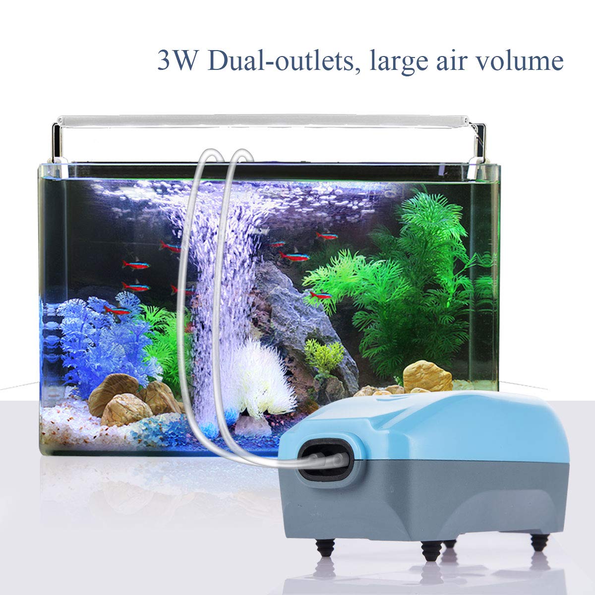 HITOP Dual Outlets Aquarium Air Pump, Whisper Adjustable Fish Tank Aerator, Quiet Oxygen Pump with Accessories for 20 to 100 Gal