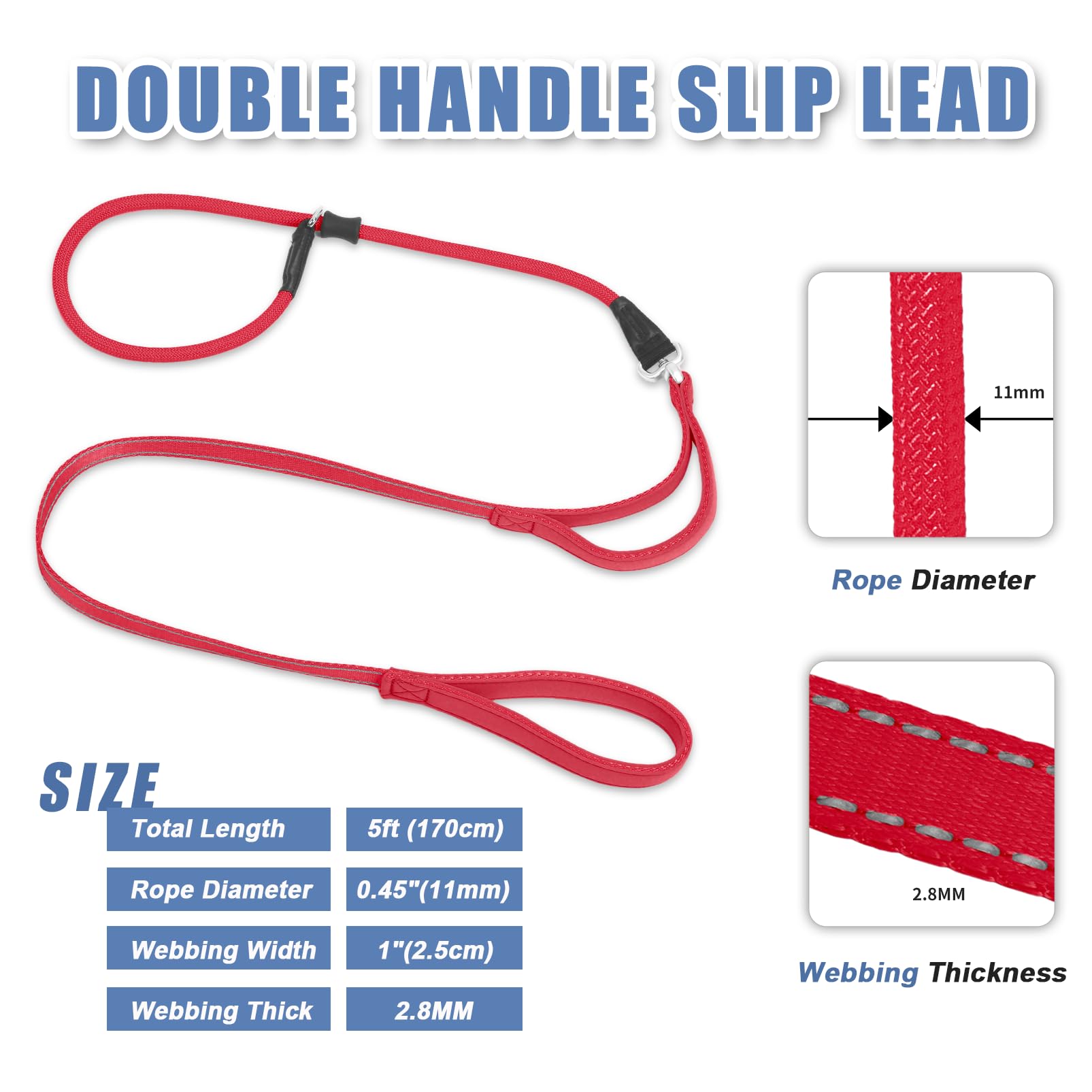 Monstoyo Slip Lead Dog Leash With Double Handle, Reflective Dog Training Leash [360 Swivel Anti-Tangle] Heavy Duty Nylon Slip Le