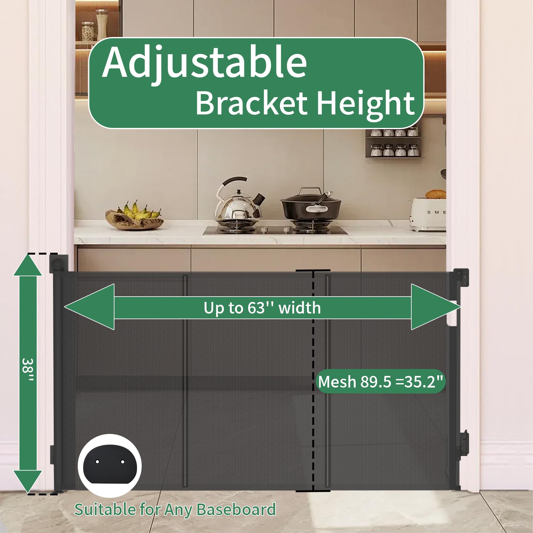 Reinforced Retractable Baby Gate, Extra 38  Tall, Extends up to 63  Wide, Hardwared Installation Mesh Gate for Stairs, Dog Gate,