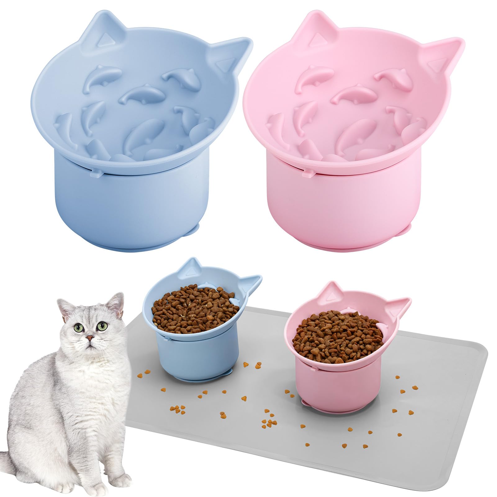 Guiqulai 2 Pack Pink, Blue Slow Feeder for Cat Bowls, Silicone Tilted Raised Pet Bowl with Non Slip Base for Digestion Anti Vomi