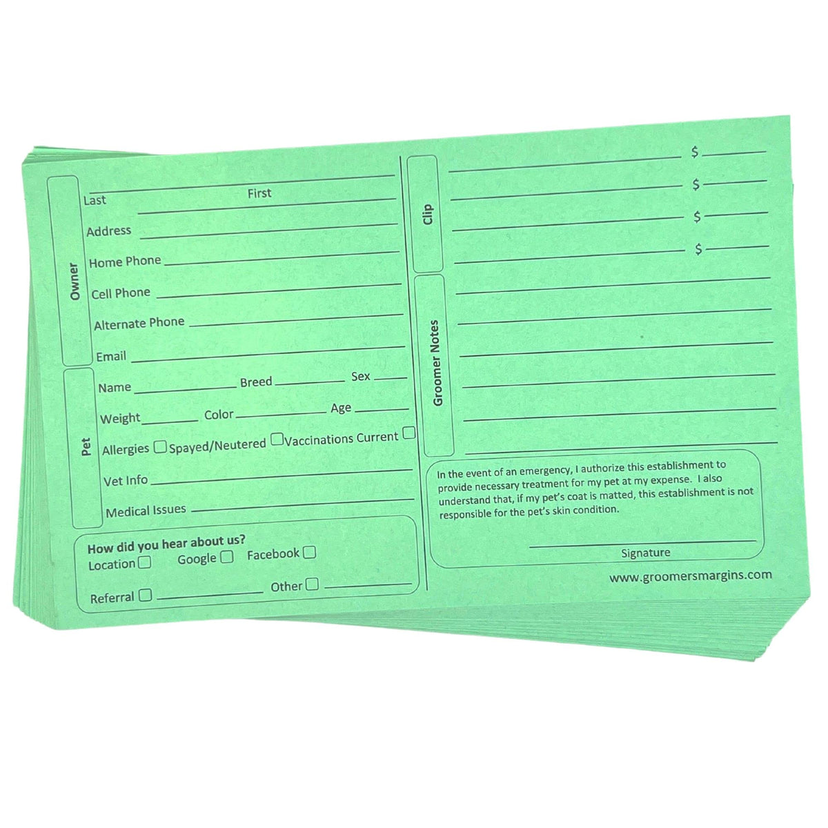 Green Dog Grooming Cards 5X8 Inch (100 Pack 8 X 5 Inches) Dog Groomer Client Cards For Veterinarians, Pet Kennel Records, And Cat Grooming