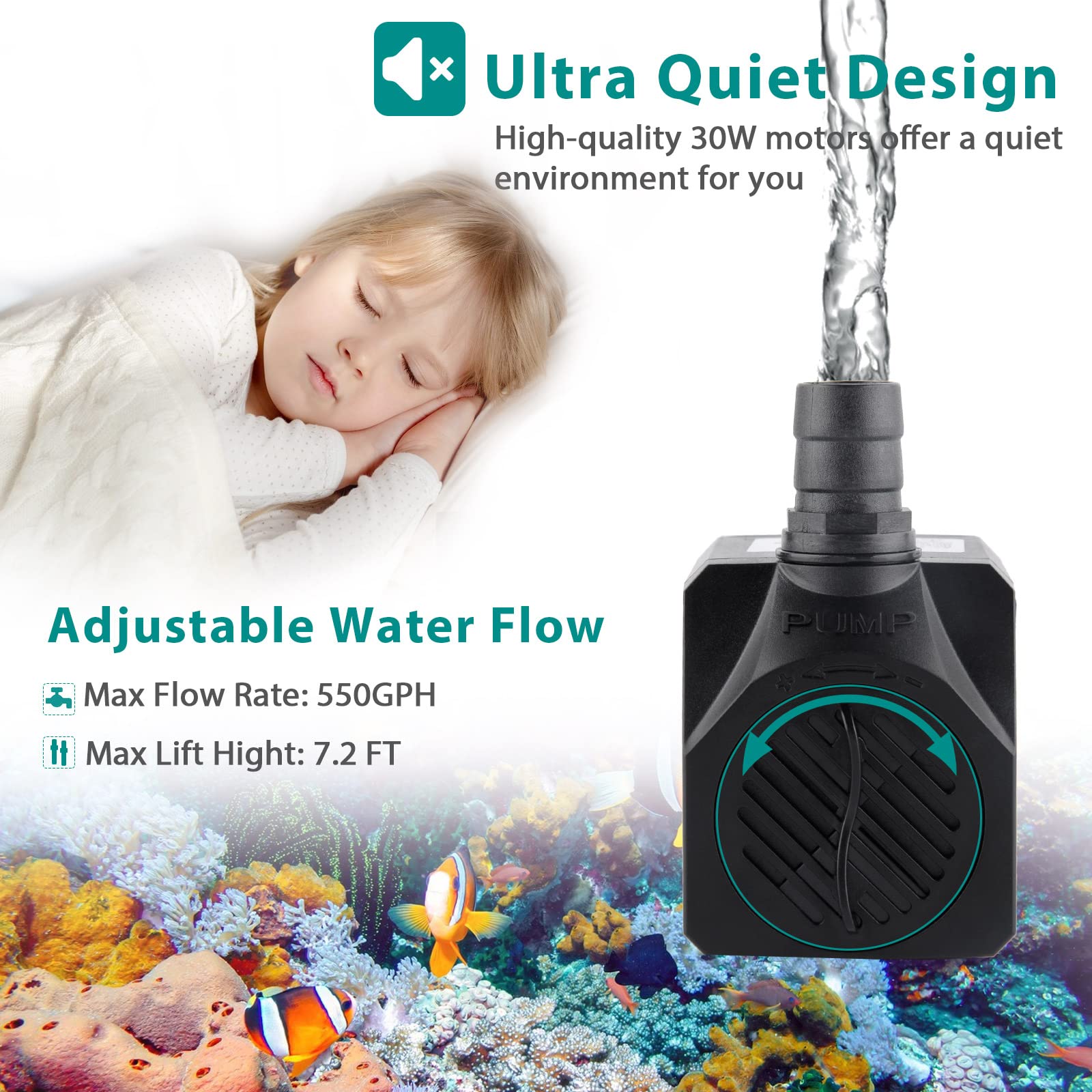 FREESEA Aquarium Submersible Fountain Pump: 30W 550GPH Adjustable Quiet Water Pumps with 7.2ft High Lift for Small Pond | Waterf