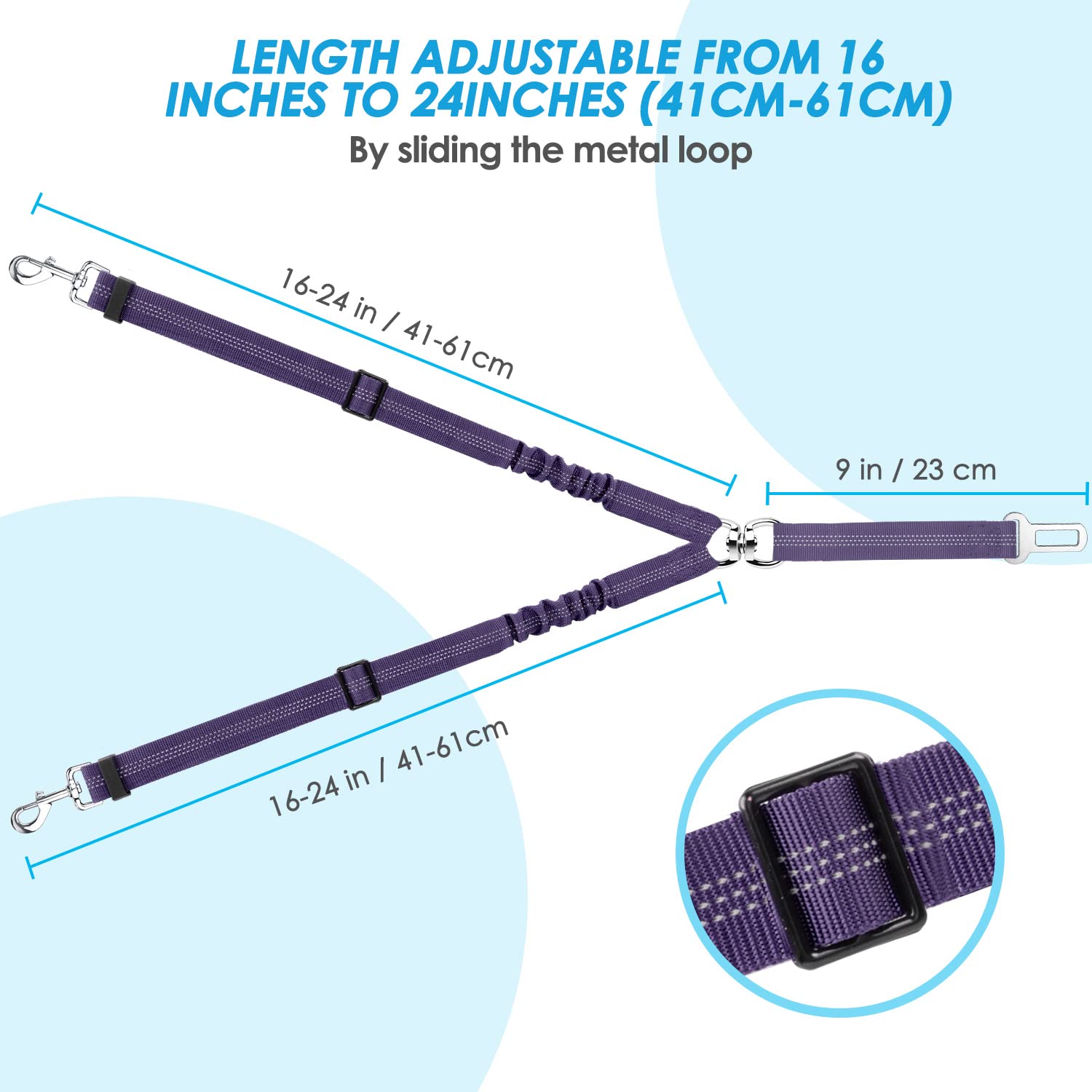 Slowton Dog Seat Belt, Double Dog Seatbelt Adjustable Vehicle Safety Leash With Elastic Bungee Buffer, Reflective No Tangle Y Shape Two Dog Harness Seat Belt Splitter For Pets Car Trip (Purple, S)