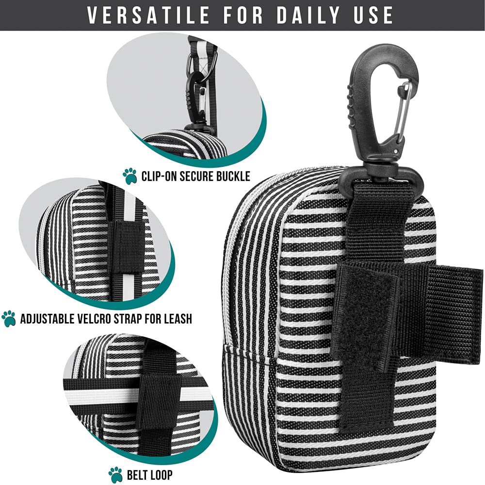 Petami Dog Poop Bag Holder | Dog Waste Bag Dispenser With Clip For Leash And Belt | Portable Fabric Doggy Waste Bag Holder For Walking Hiking Running Travel - With One Roll Of Dog Bag (Stripe Black)