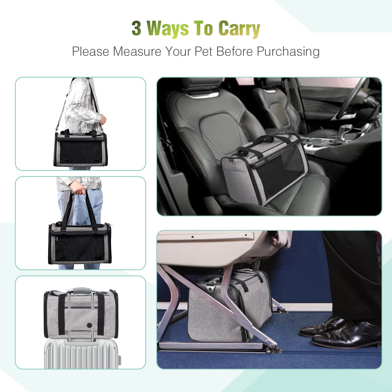 Yudodo 25 Lbs Lightproof Pet Carriers Airline Approved Dog Cat Travel Soft Sided Carrier Reflective Mesh Safe Pet Cat Carrier Foldable Portable Small Animal Rabbit Puppy Cat Carrier Grey