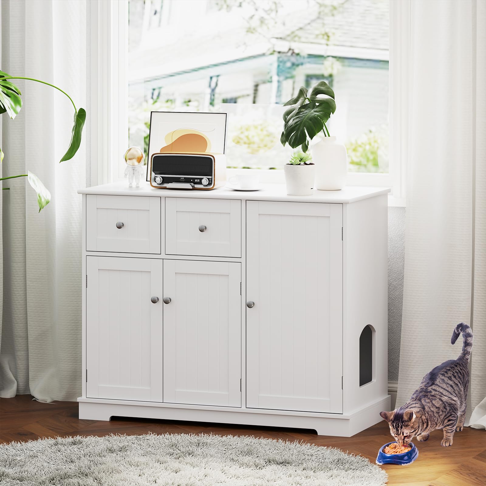 PETSITE White Cat Litter Box Enclosure, Modern Hidden Litter Box Furniture Side Cabinet with 2 Drawers, 3 Doors, and Anti-toppli