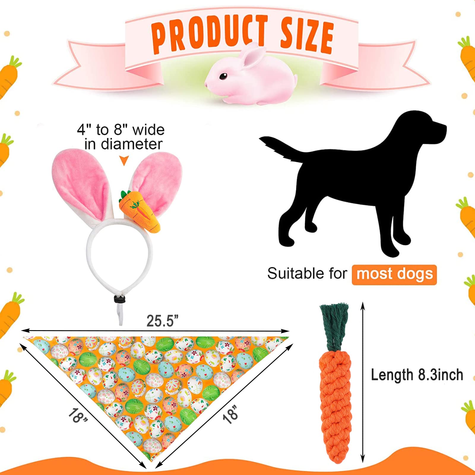 Dog Easter Costume Cute Bunny Ears Headband Easter Eggs Bandana Puppy Funny Rabbit Carrot Chew Toys 3Pcs Easter Party Gifts Medi