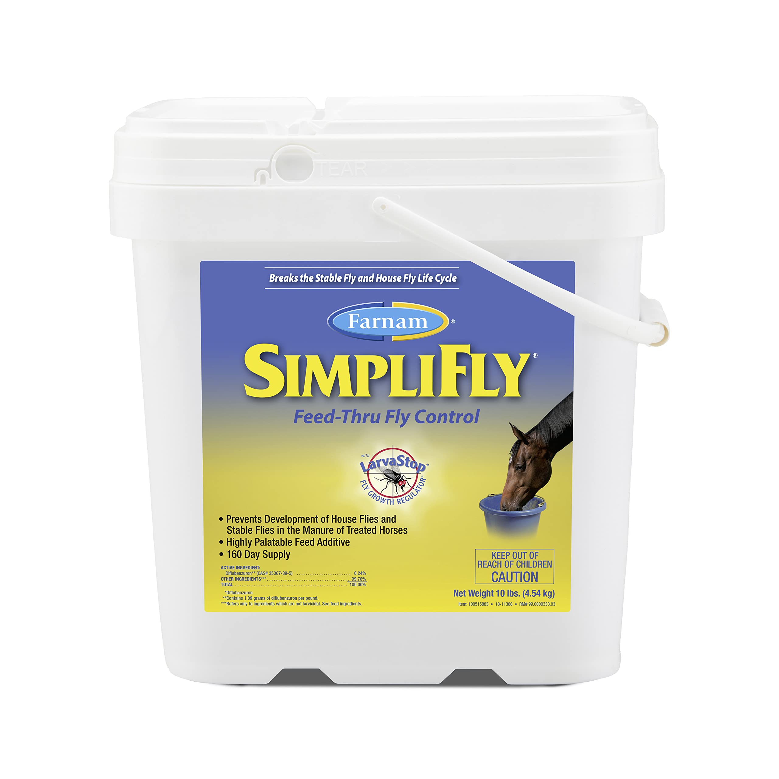 Farnam SimpliFly Feed Through Fly Control for Horses, Breaks the Fly Life Cycle, Pellets, 10 Pound Bucket, 160 Day Supply for On