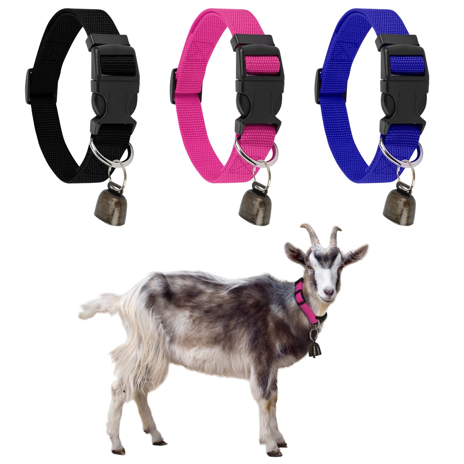 GINDOOR Goat Collars with Bell, 3 Pack Adjustable Sheep Collars with Quick Release Buckle Anti-Loss Bell, Durable Nylon pet Coll