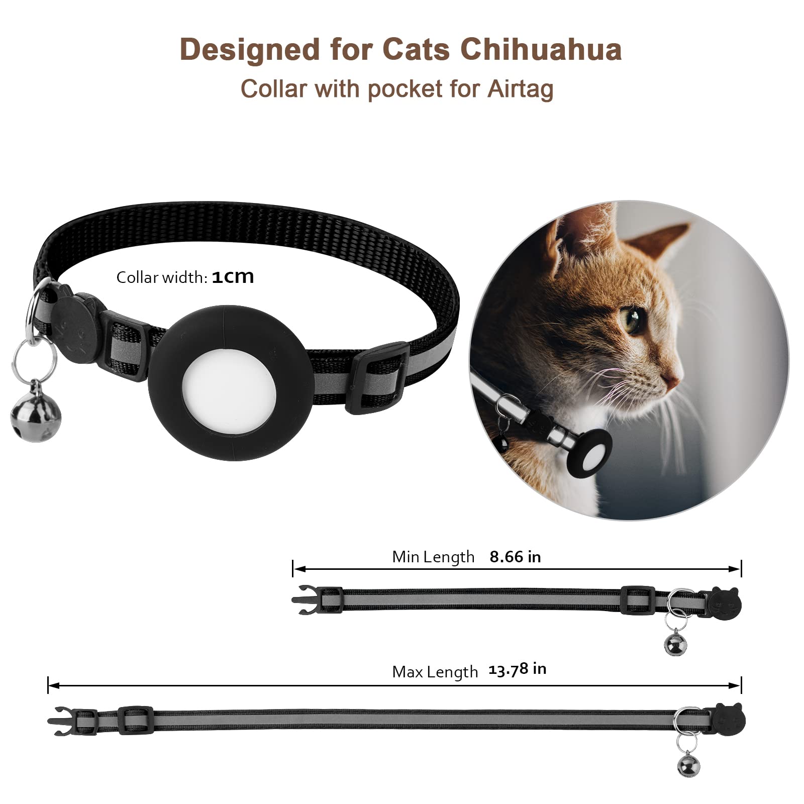 Airtag Cat Collar, Air Tag Cat Collar With Bell And Safety Buckle In 3/8'' Width, Reflective Collar With Waterproof Airtag Holde