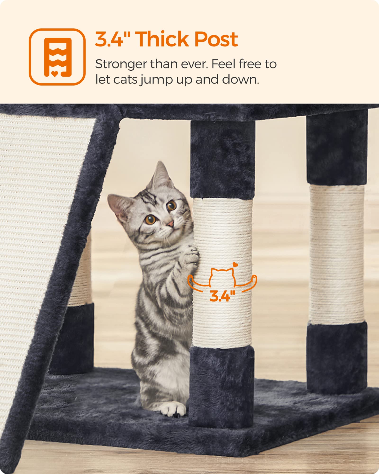 Feandrea 67-Inch Multi-Level Cat Tree For Large Cats, With Cozy Perches, Stable, Smoky Gray Upct18G