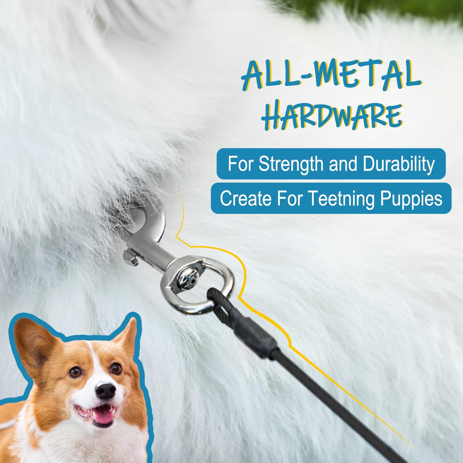 Mi Metty Chew Proof Dog Leash - Six Foot Metal Cable Lead. Heavy Duty Leash Made Of Coated Wire Rope. Chew Resistant, Great For Large Dogs And Teething Puppies. Dog Chains (2 Pack, Black+Khaki)