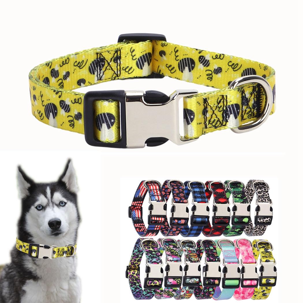 Yellow Dog Collars For Large Dogs, Pretty Pattern Bumble Bee Dog Collar Metal Buckle Durable Soft Boy Puppy Collars For Xsmall S