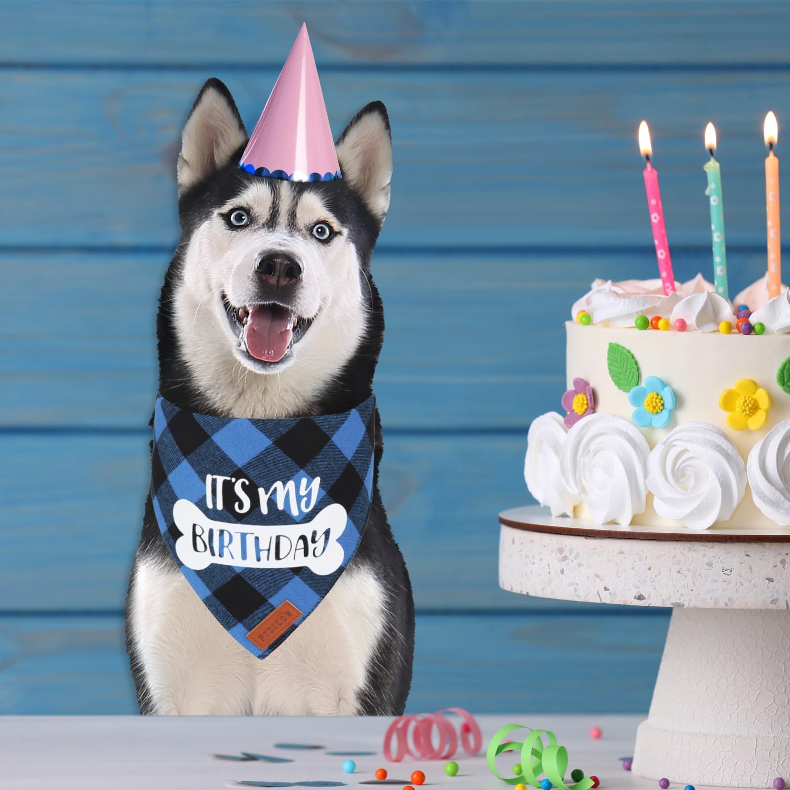 PTDECOR Dog Birthday Party Supplies, Its My Birthday Scarf Blue Plaid Boy Pet Bandana for Extra Large Dogs (Blue, X-Large)