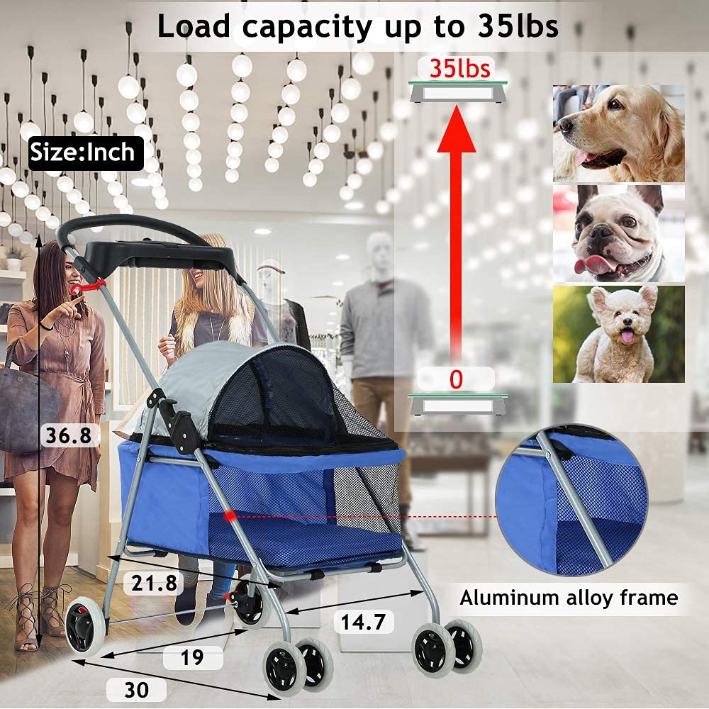 Hhs Pet Stroller, 4-Wheel Dog & Cat Stroller, Folding Carrier With Cup Holders, Waterproof, 35Lbs Capacity, Blue
