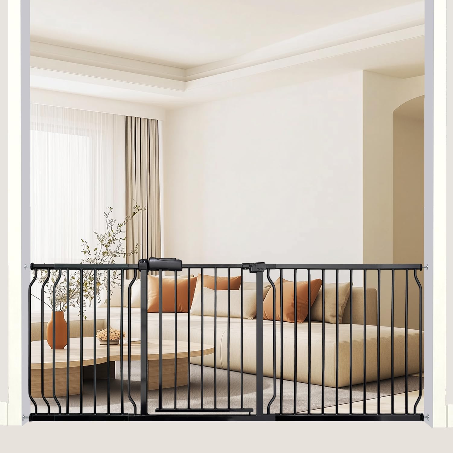 Heavy Duty Baby & Pet Safety Gate - Extra Wide 76.4-81.1 Inch, Black Metal, Pressure Mounted, Walk-Through