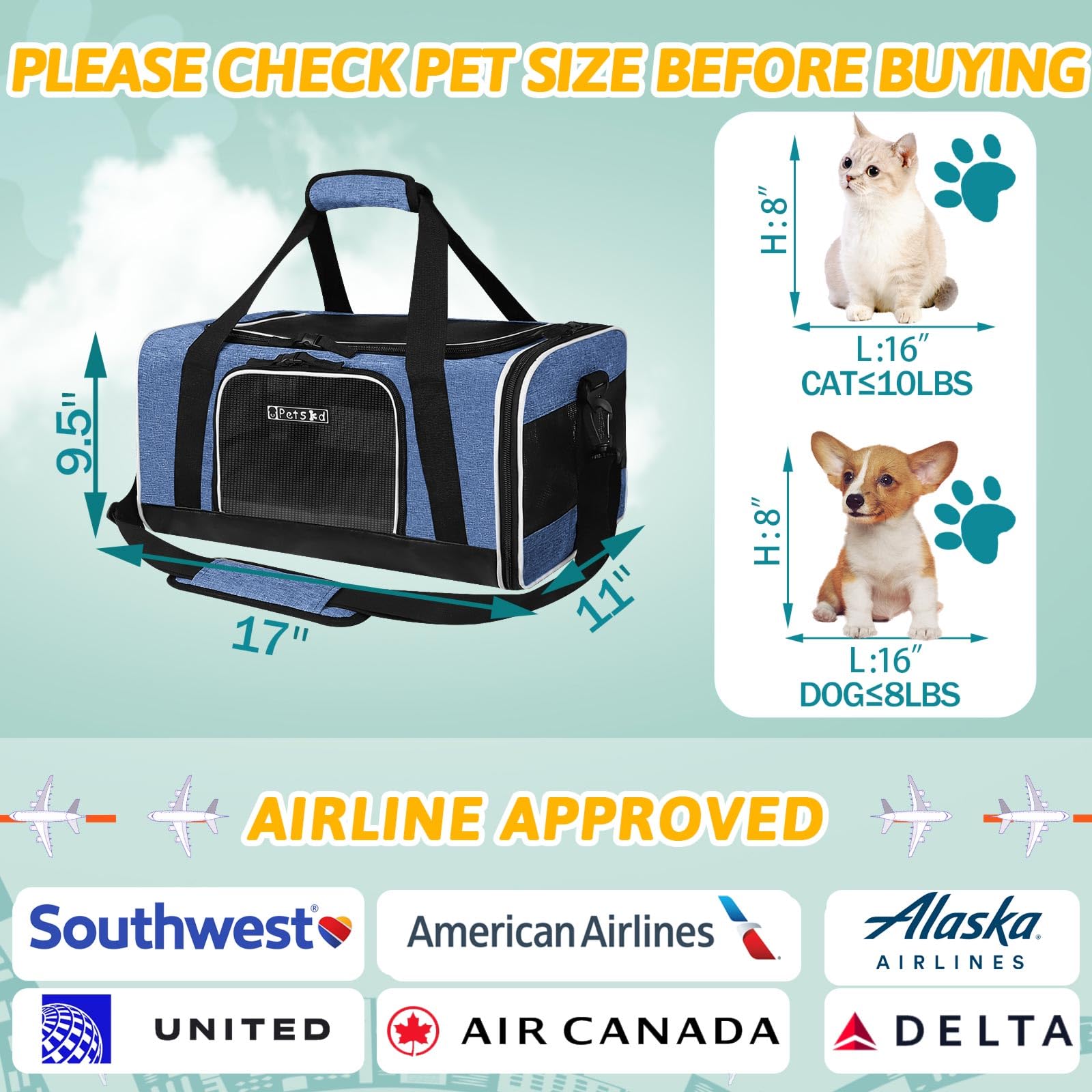 Petskd Pet Carrier 17X11X9.5 Alaska Airline Approved,Pet Travel Carrier Bag For Small Cats And Dogs, Soft Dog Carrier For 1-10 Lbs Pets,Dog Cat Carrier With Safety Lock Zipper(Blue)
