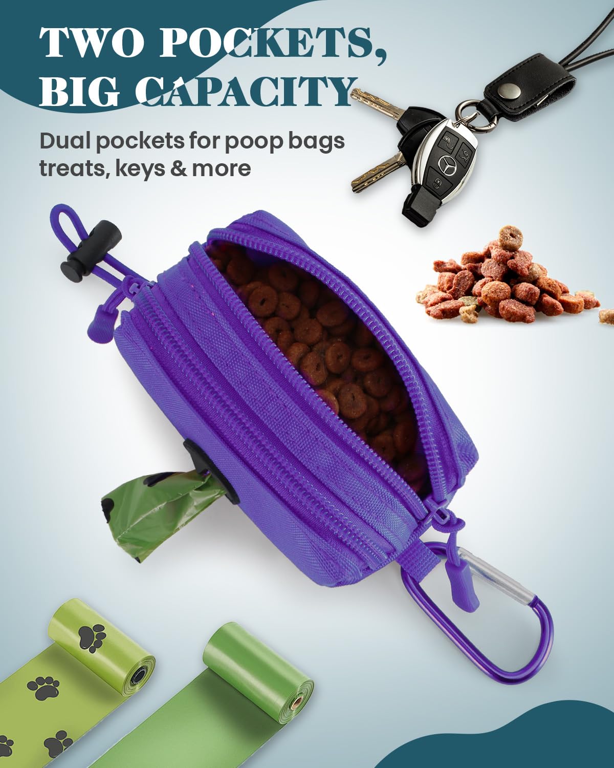 Dog Poop Bag Holder for Leashes, Purple Doggie Waste Bag Dispenser and Treat Holder, with Carabiner Hook and Poop Bag Clip, Used
