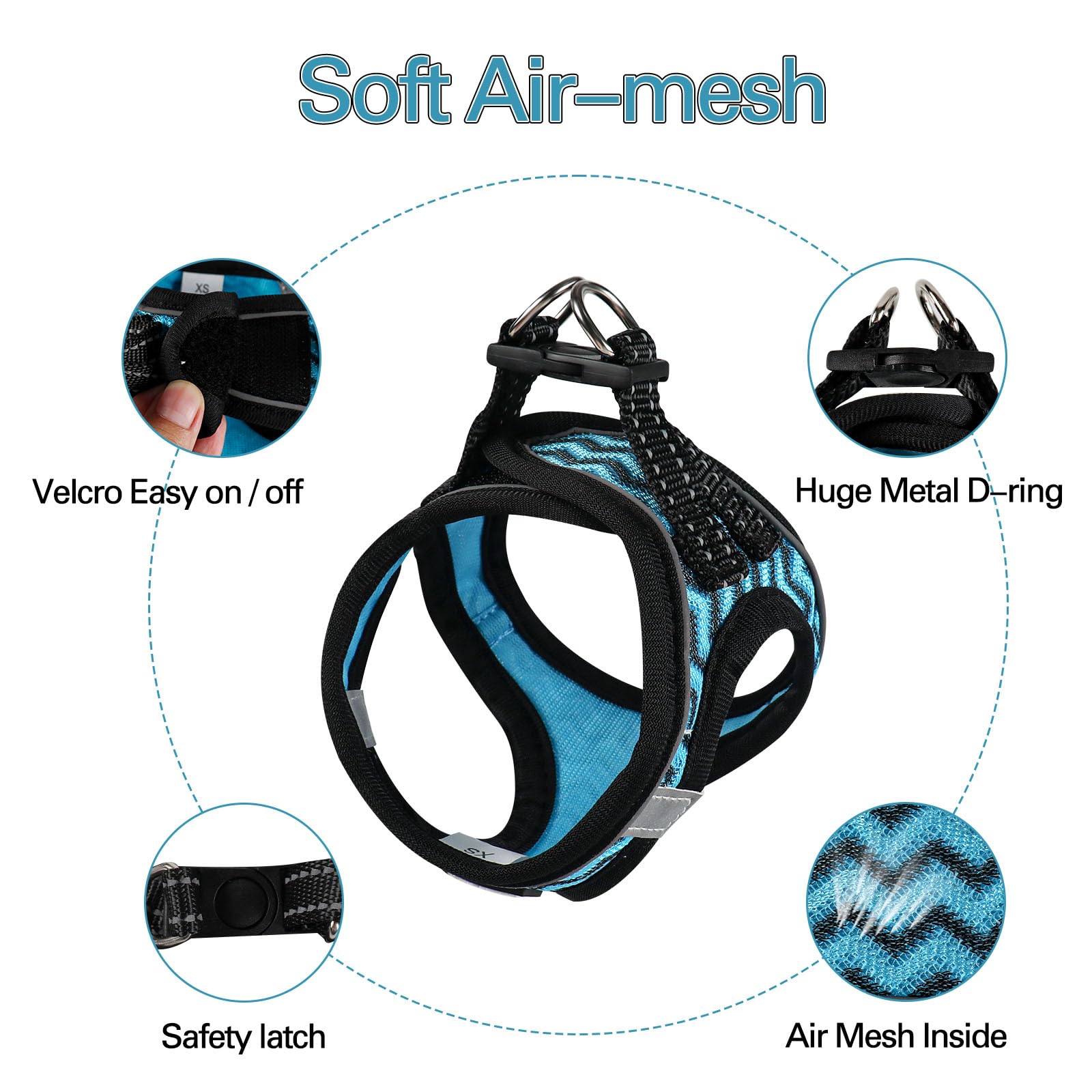 Yimeis Dog Harness (Xs, Blue) For Small Dogs, Lightweight Harness & Leash Set, Adjustable, Reflective, Breathable, 360Visibility