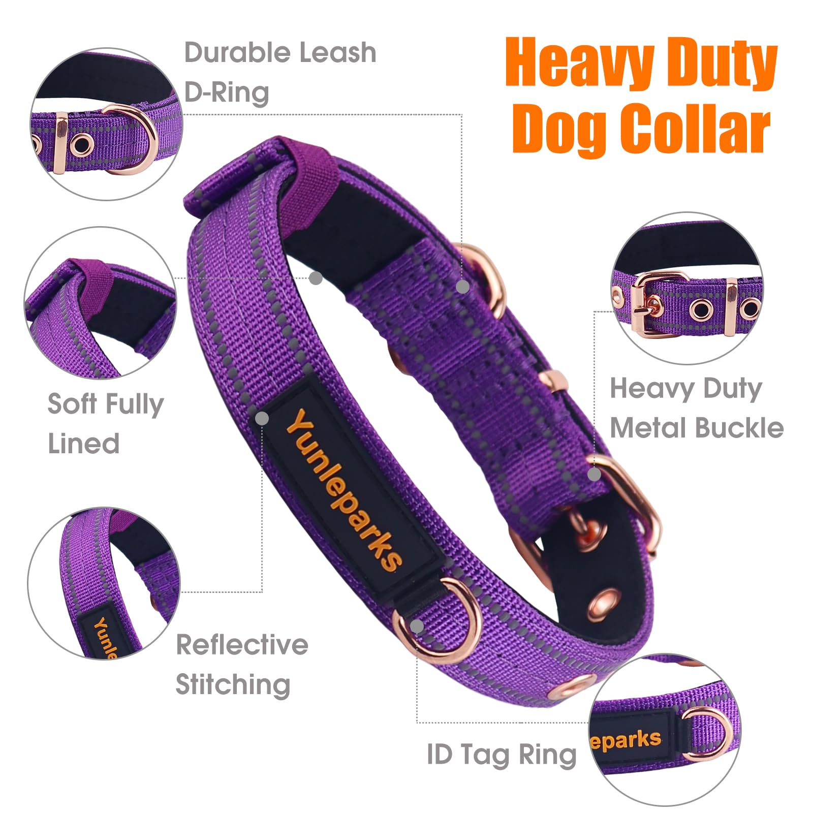 Yunleparks Neoprene Padded Collar, Nylon Dog Collar - Heavy Duty with Metal Buckle, Adjustable Reflective (Large, Purple)