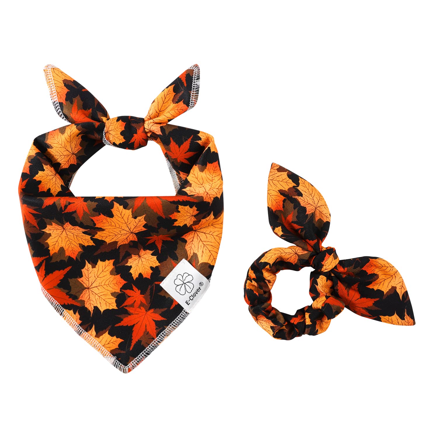 Thanksgiving Dog Bandanas & Matching Scrunchie Set Fall Pet Scarf Kerchief Bibs Dog Outfit For Small Dogs Puppy Owner Gifts Orange Black Maple Leaves