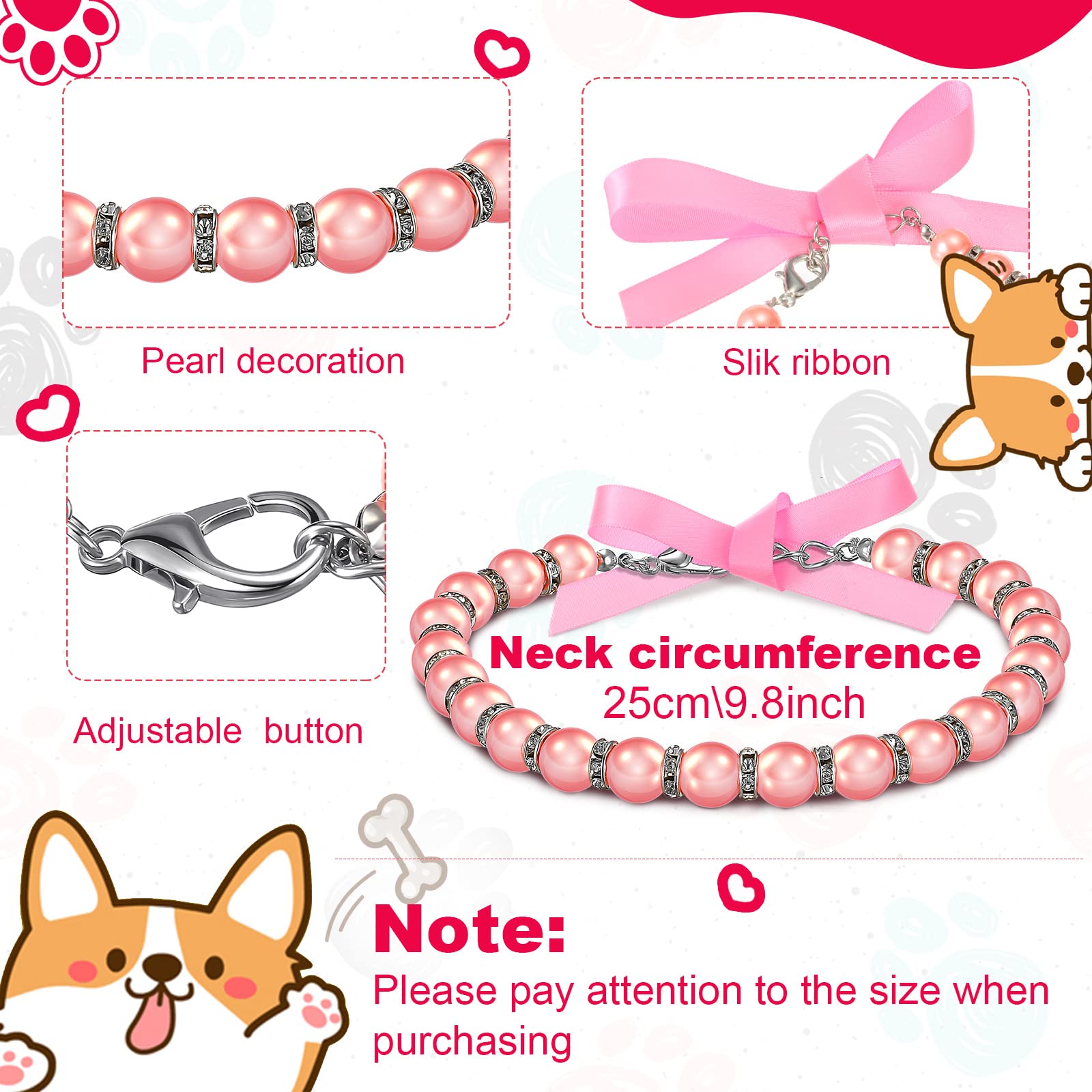 4 Pcs Pink Dog Collar Spiked Studded Dog Collars Pearls Dog Necklace Dog Collar With Rhinestone Bow Knot Crystal Diamond Colorful Flower Bling Girl Dog Cat Collars For Dogs(Cute Style,Small)