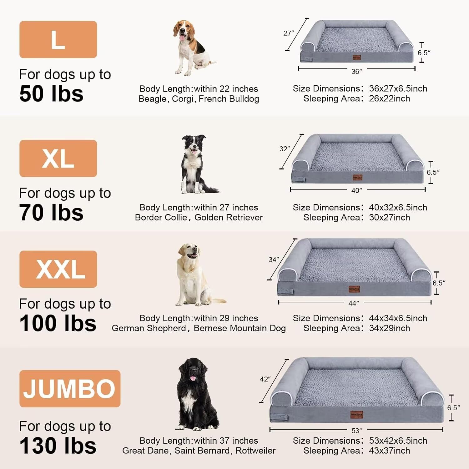 Nanuya Large Orthopedic Dog Bed - XL Memory Foam, Waterproof, Washable, Light Grey, 36"L x 27"W x 6.5"Th
