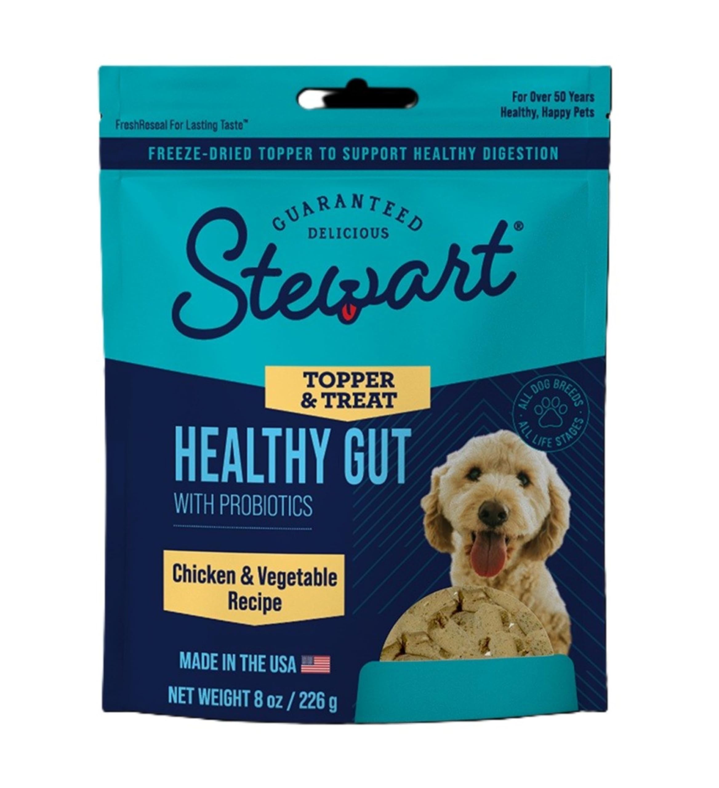 Stewart Freeze Dried Dog Food Topper, Healthy Gut, Chicken and Vegetable Recipe, 8 Ounce Pouch, Probiotics for Digestion