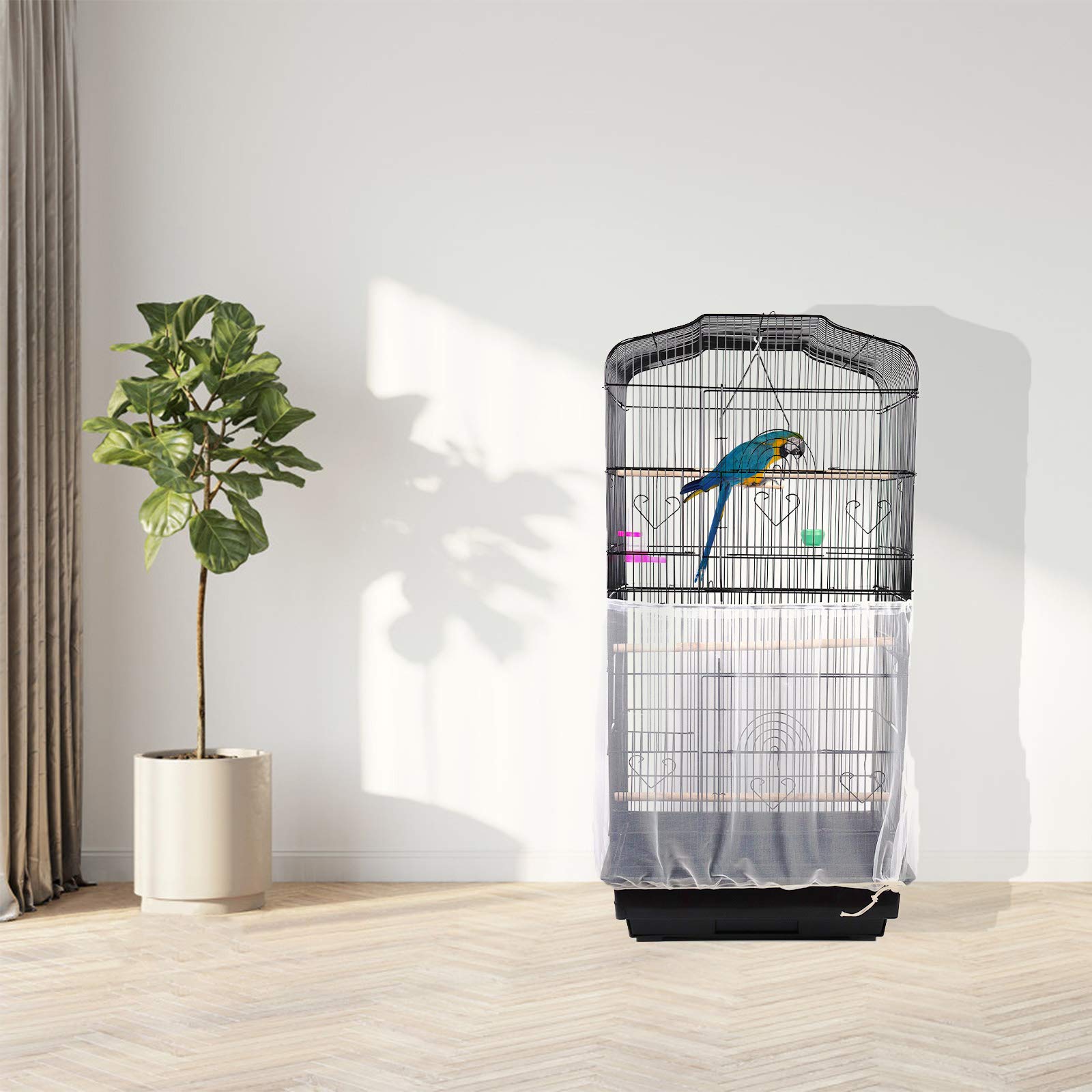 Daoeny Universal Bird Cage Cover, Adjustable Parrot Nylon Airy Soft Mesh Net, Seed Feather Catcher, Birdcage Cover Skirt Sheer Guard For Parakeet Macaw Round Square Cages (White)