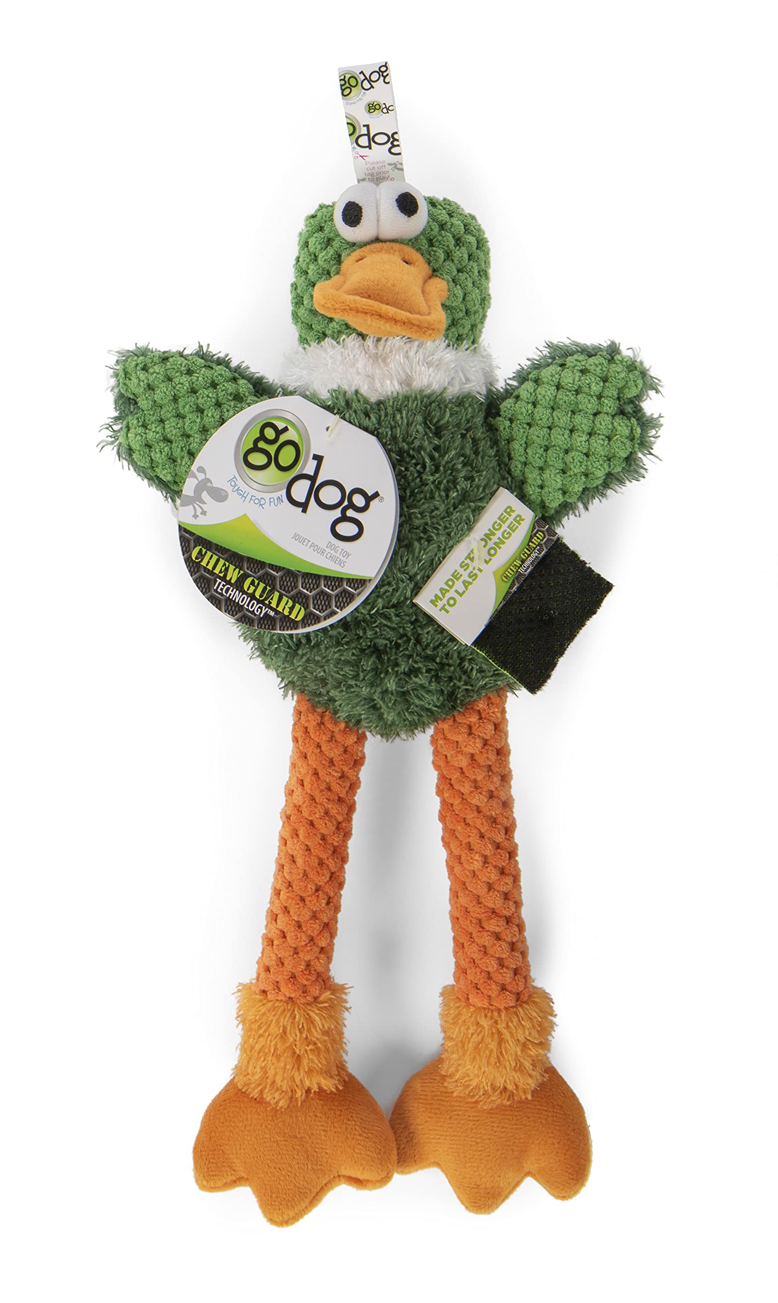 Godog Checkers Skinny Duck Squeaky Plush Dog Toy, Chew Guard Technology - Green, Small
