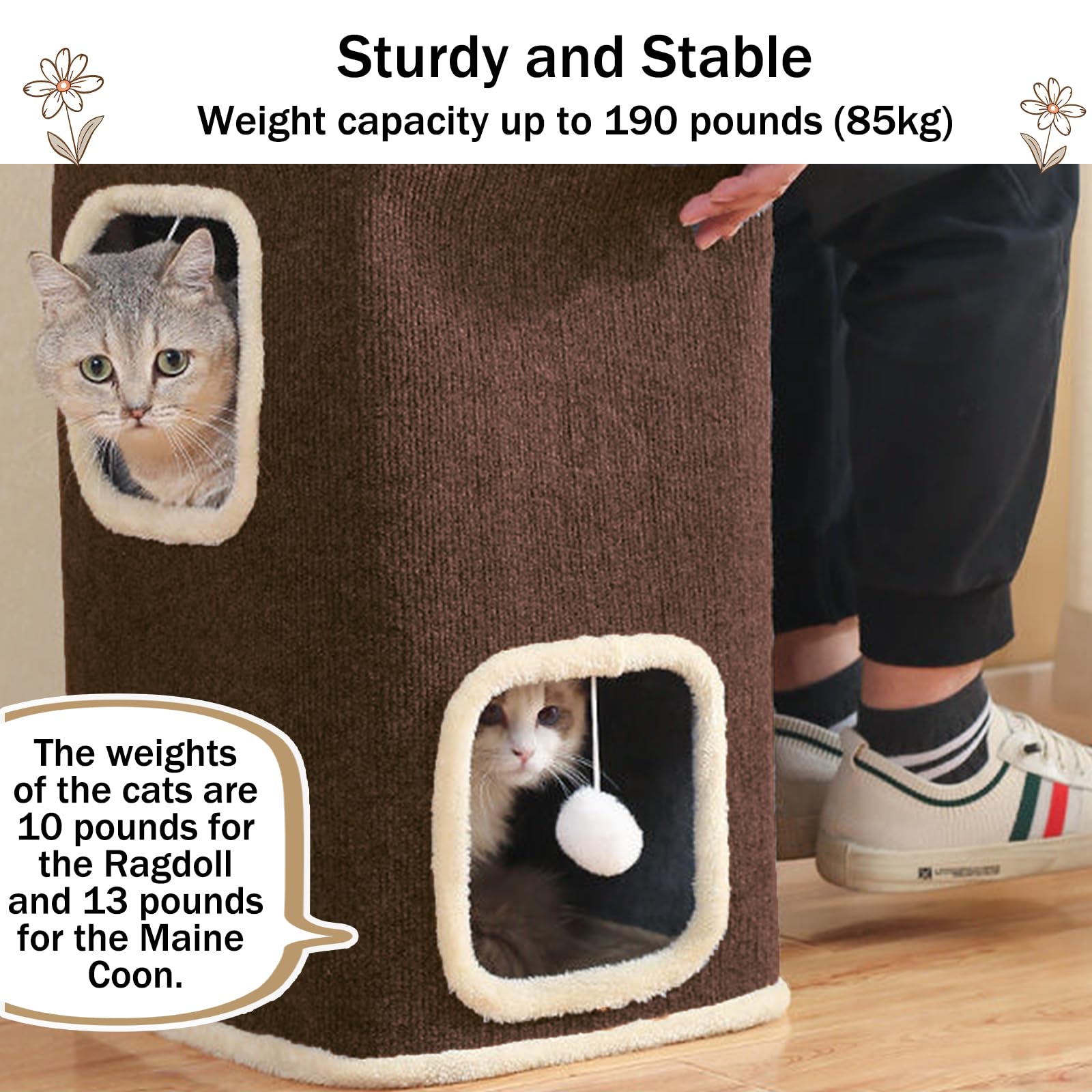 Pempet Cat House For Indoor Cats Beds, Multi-Level Cat Condo Foldable Cat Cave Coffee, 2L