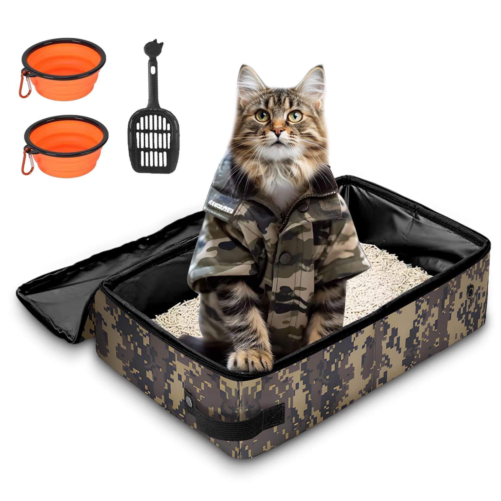 Folding Portable Cat Litter Box With Lid, 16' * 12' * 6' Inch, Collapsible Cat Travel Litter Box With Zipper For Traveling & Cam