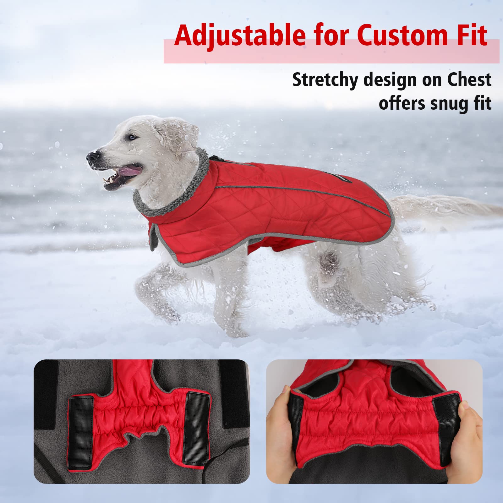 Fragralley Winter Coat - Windproof, Adjustable Dog Jacket, Waterproof, Turtleneck Clothes Doggie Cold Weather Vest Fleece (Red,