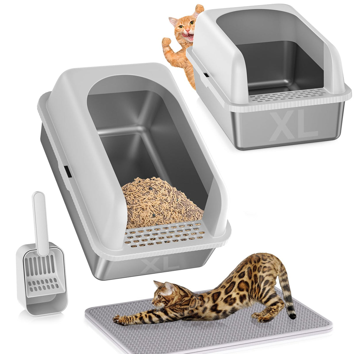2 Pack Stainless Steel Litter Box, 24'' Xl Extra Large Cat Litter Box With Lid, Metal Litter Boxes For Multiple Cats, Anti-Leaka