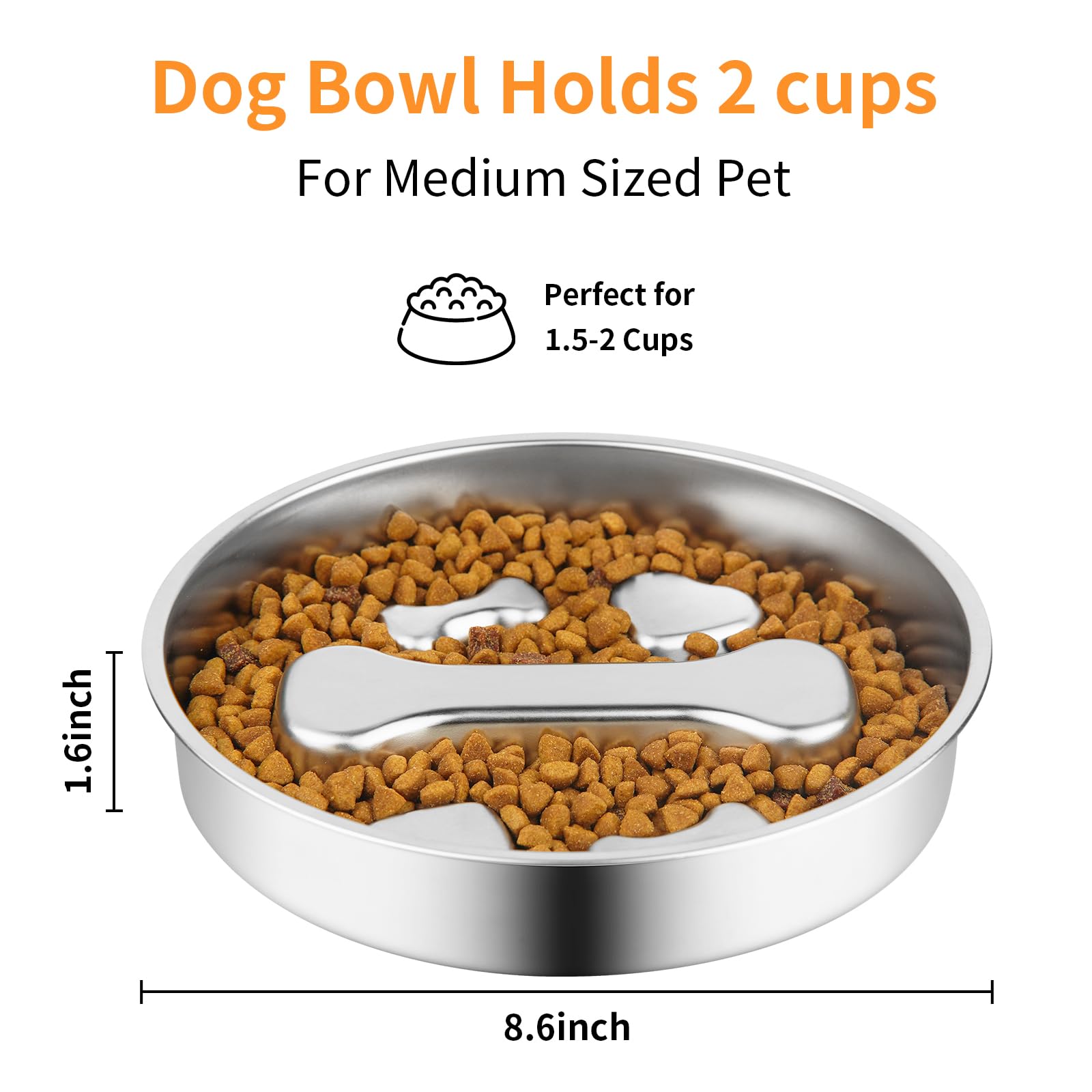 Novery Slow Feeder Dog Bowl - 2 Cups Stainless Steel Dog Slow Feeder Food Bowl, Metal Non-Slip Lick Plate,Puppy or Cat Food Hold