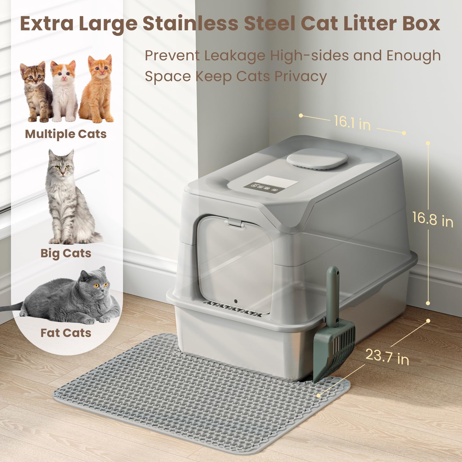 Stainless Steel Litter Box With Odor Removal Smart,Large Cat Litter Box With Lid 23.7''*16.1''*16.8'' Covered Metal Litter Tray