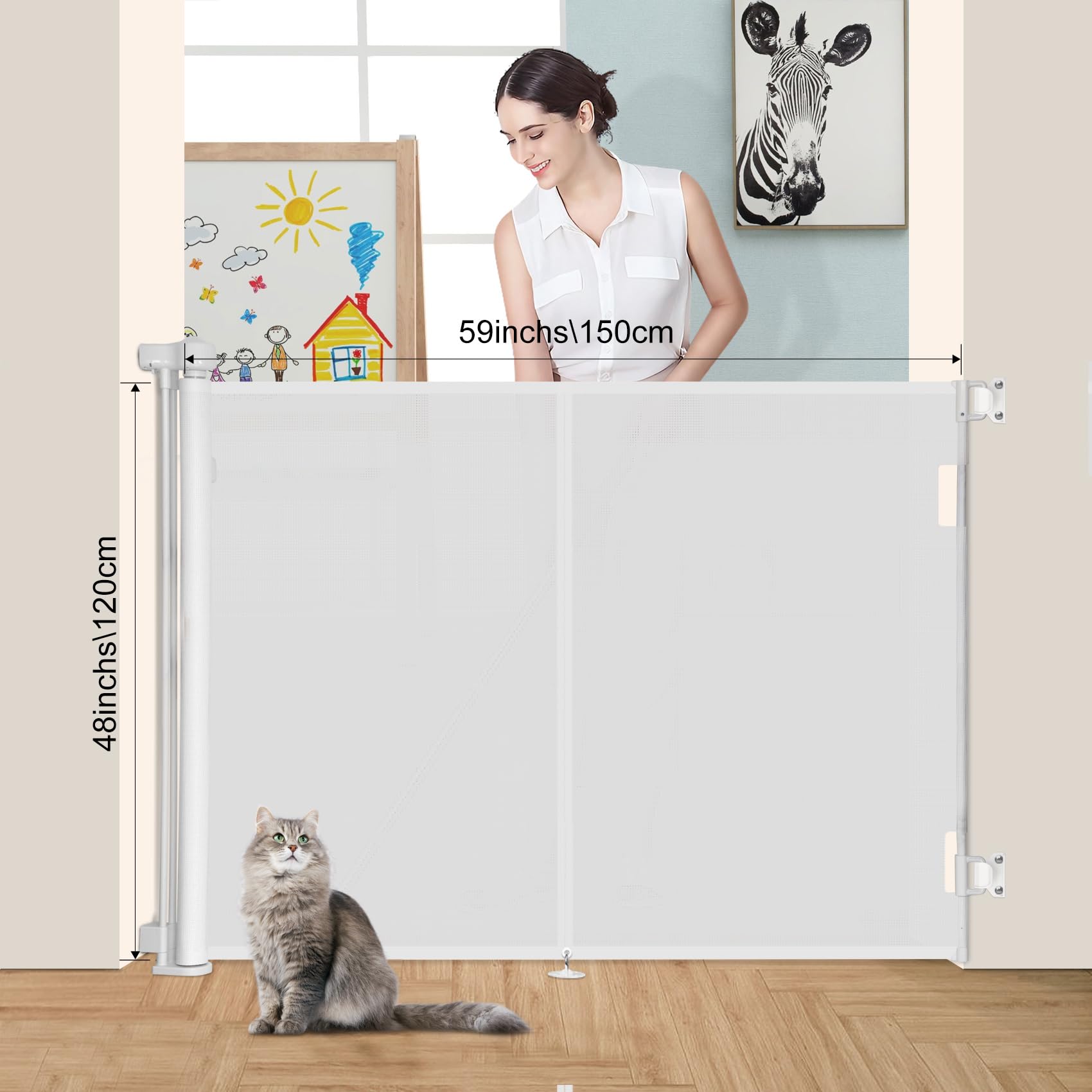Upgrade 59' Retractable Baby Gates With Reinforced Strip Design To Prevent Crawling Through, 48' Tall Retractable Gate For Baby And Pet, 5 Ft Baby Gates For Stairs, Doorways, Hallways