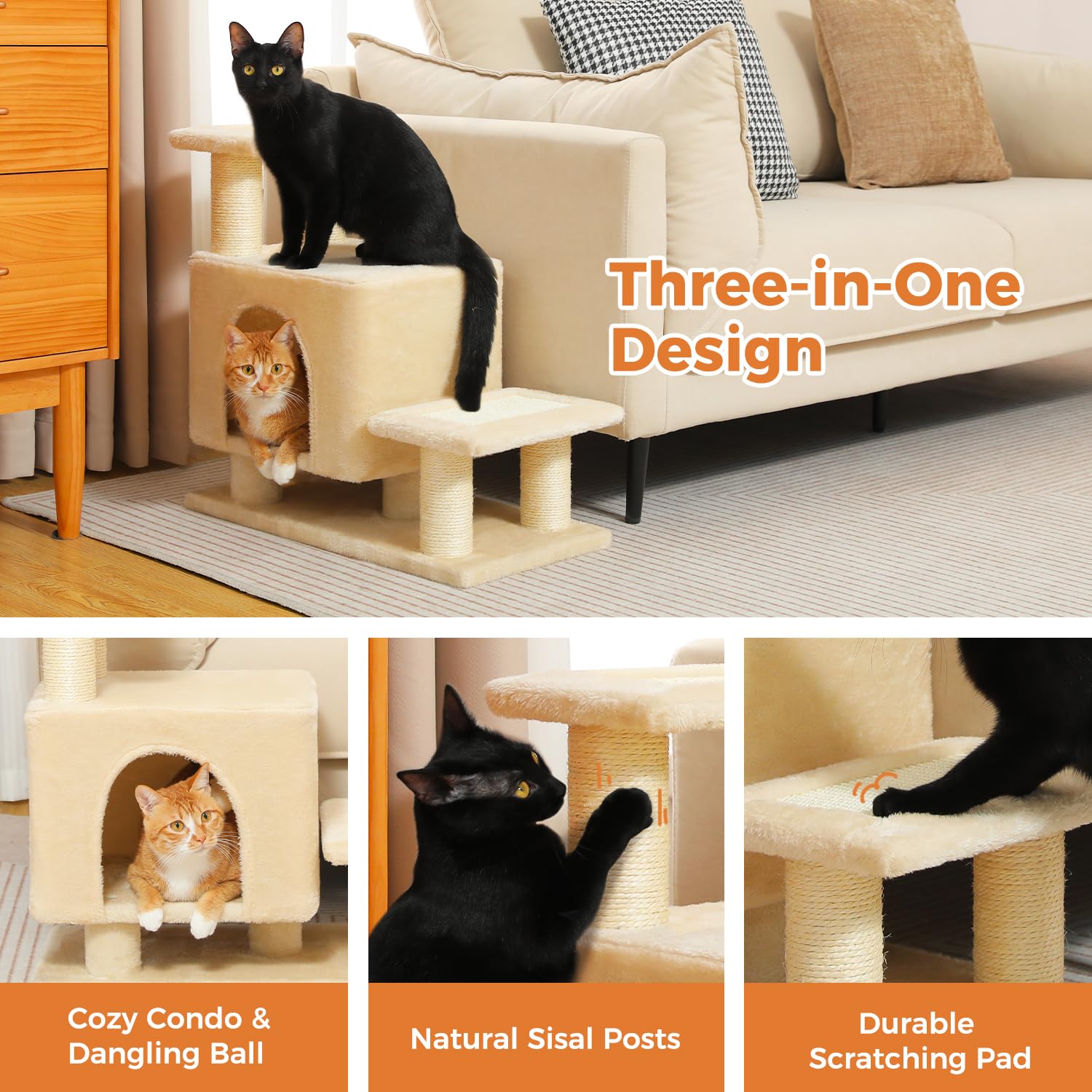 Uymi 3-In-1 Cute Dog Stairs & Cat Scratching Post With Condo, Pet Steps For High Bed, Sofa, Couch, Tall Cat Tower, High-Strength